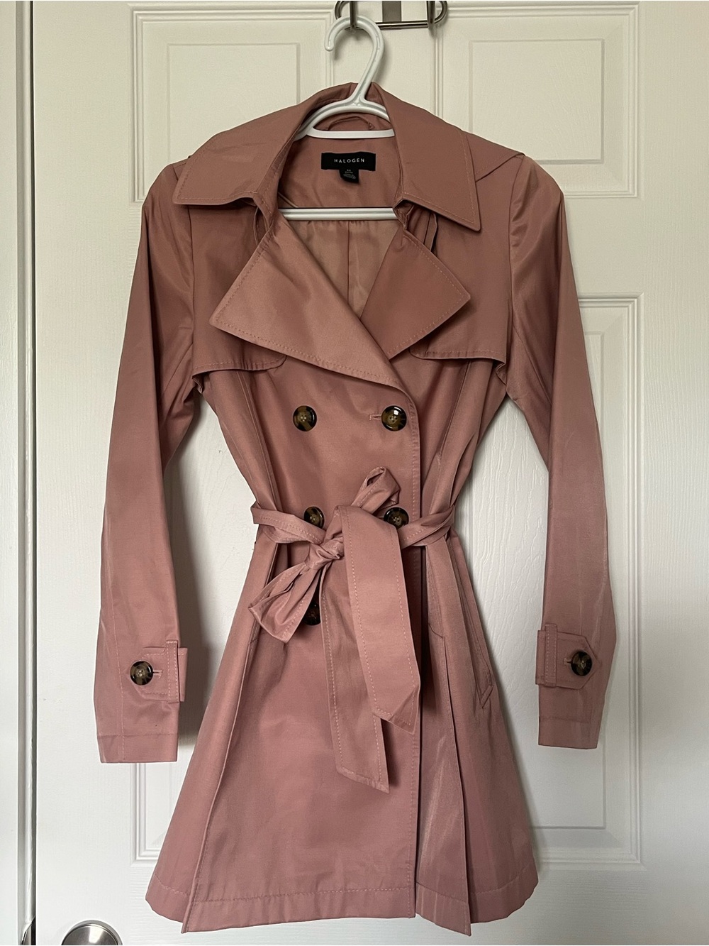 HALOGEN Belted Trench Coat Dusty Pink with detachable hood size XS romantic chic